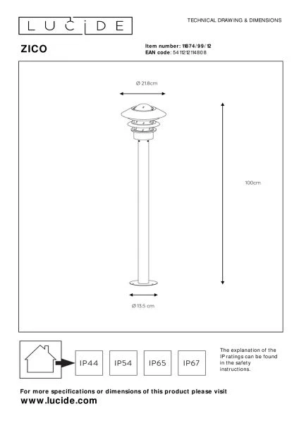 Lucide ZICO - Lamp post - Ø 21,8 cm - 1xE27 - IP44 - Satin Chrome - technical